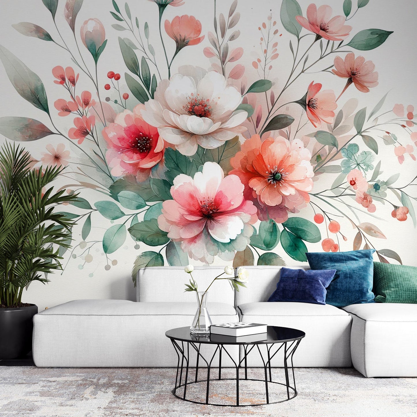 Pastel floral wallpaper | Watercolour floral composition in pink and white