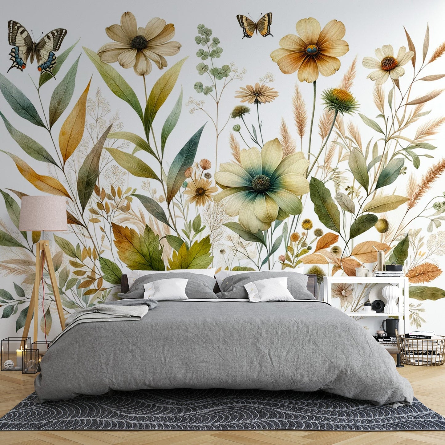 Pastel floral wallpaper | Neutral butterfly and wildflower design
