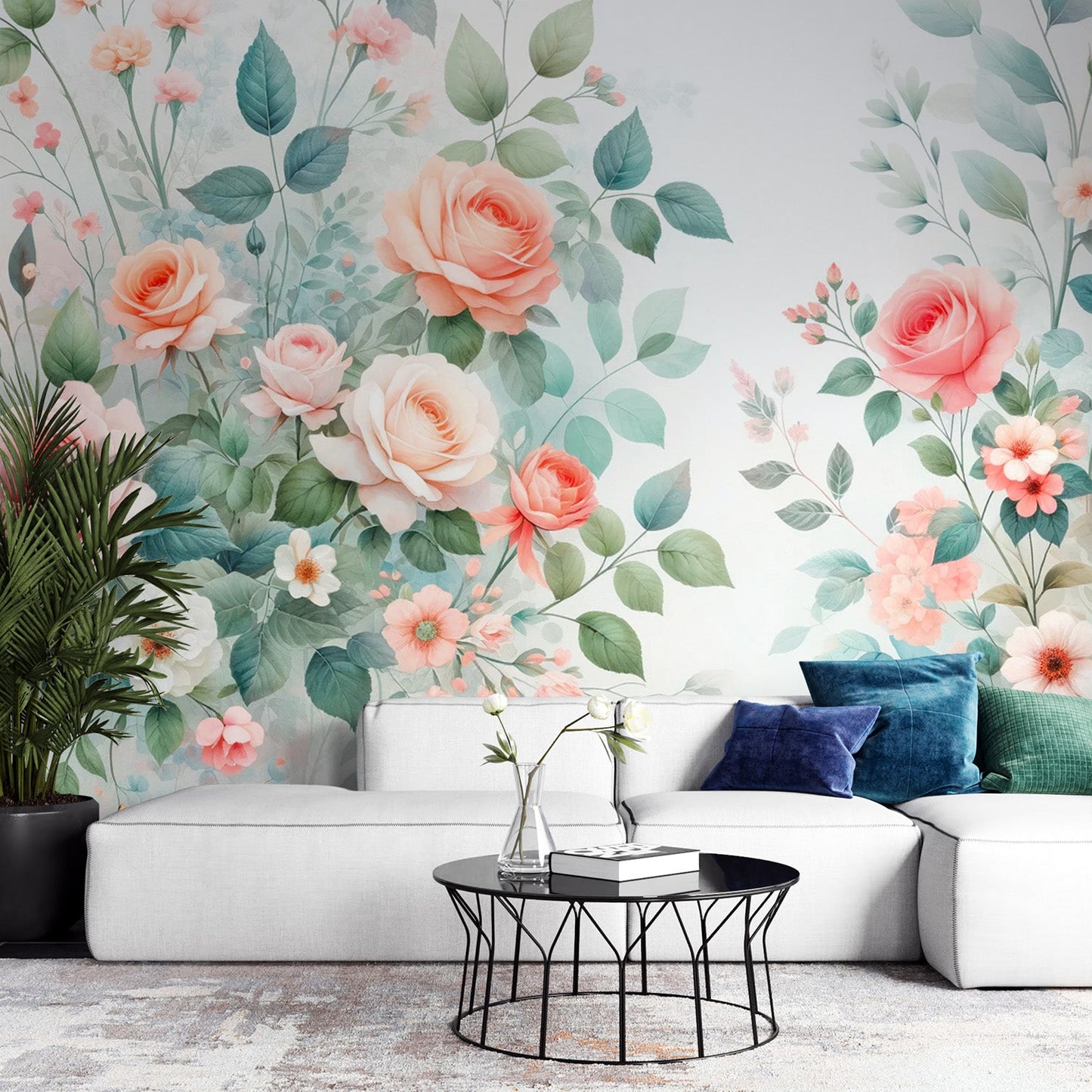 Pastel floral wallpaper | Red and white roses and leaves