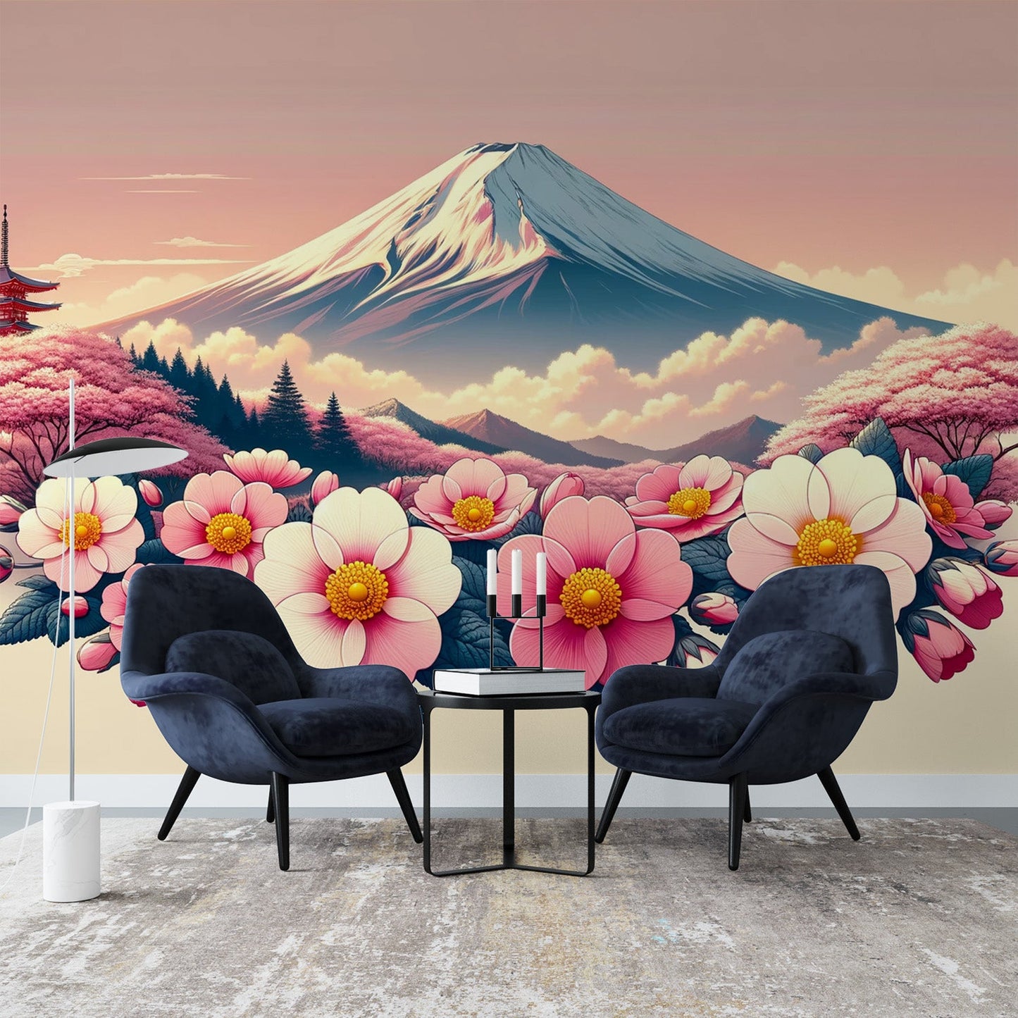 Japanese Flower Wallpaper | Kosumosu Flowers and Mount Fuji