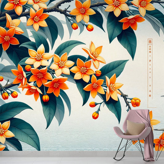 Japanese Flower Wallpaper | Orange Camellia Flowers with Waves