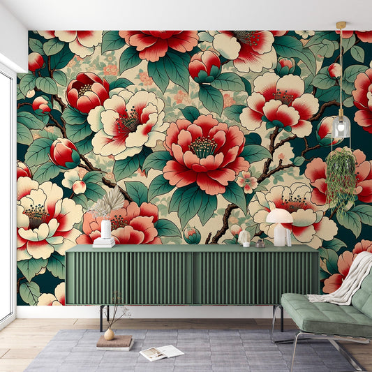 Japanese Flower Wallpaper | Vintage Camellia Flowers
