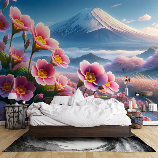 Japanese Flower Wallpaper | Pink Flowers and Mount Fuji