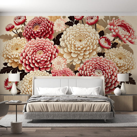 Japanese Flower Wallpaper | Large Pink and White Chrysanthemum Flowers