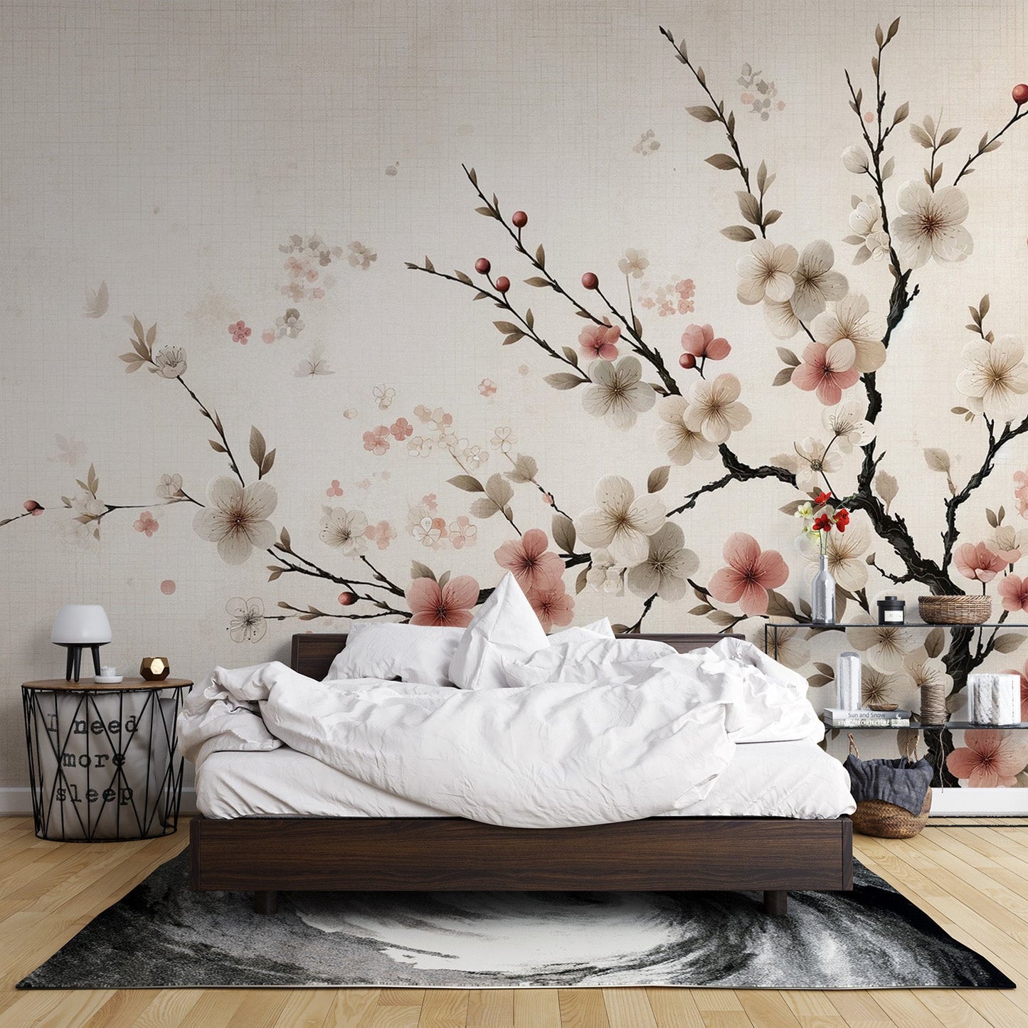 Japanese Wallpaper | Woven Background with White and Pink Sakura Flowers