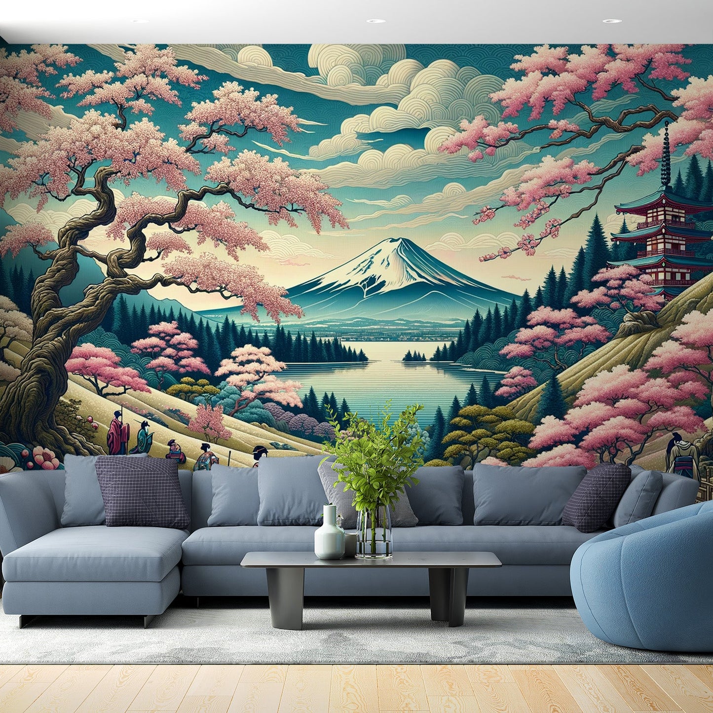 Japanese Wallpaper | Colourful Illustration of Mount Fuji and Mountain Life in Japan