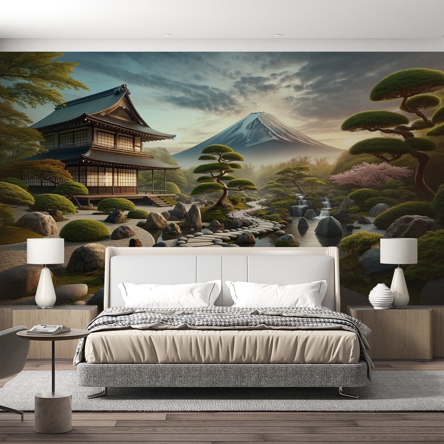 Japanese Wallpaper | Realistic Illustration of a Temple at the Foot of Mount Fuji