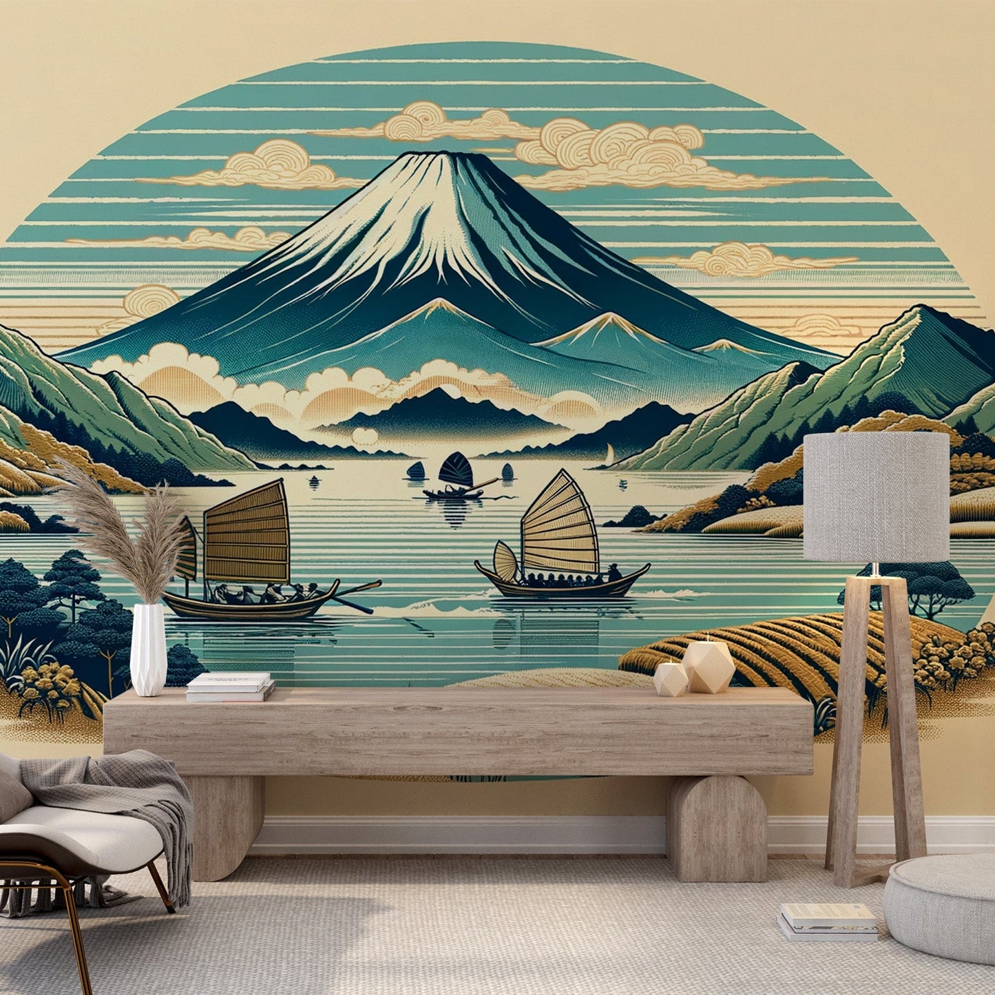 Japanese Wallpaper | Mount Fuji, Japanese Lake, and Wooden Sailboat