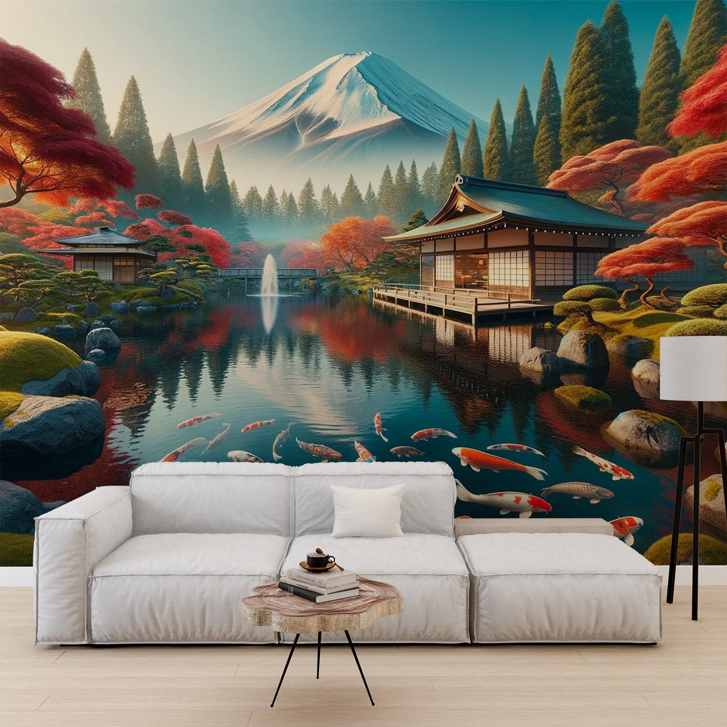 Japanese Wallpaper | Tranquil Temple and Koi Carp at the Foot of Mount Fuji