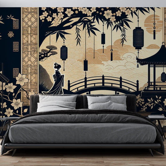 Japanese Wallpaper | Black and Beige Zen Temple and Lake