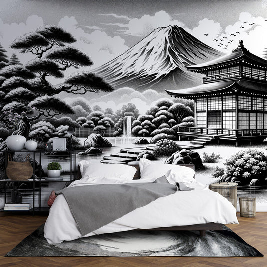 Japanese black and white wallpaper | Drawing of a temple at the foot of Mount Fuji