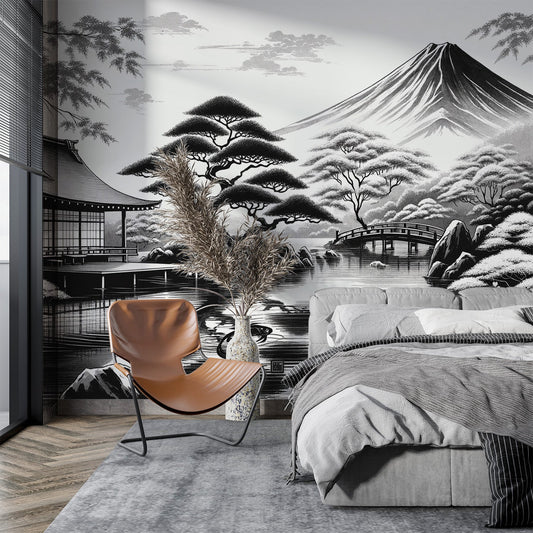 Japanese black and white wallpaper | Mount Fuji, Zen temple and koi carp