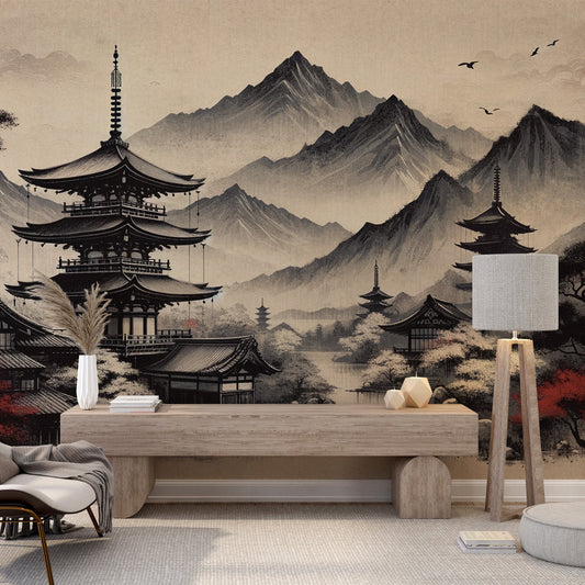 Japanese Zen Wallpaper | Black and Red Atmosphere with Lake and Temple