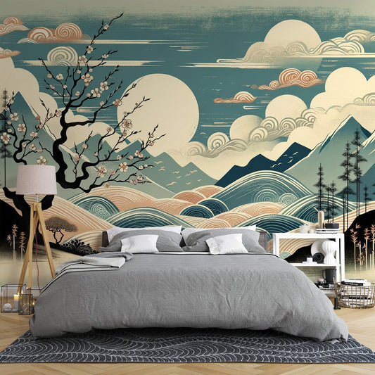 Japanese Zen Wallpaper | Vintage Design with Mountain and Sakura