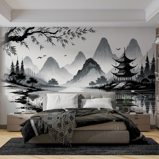 Japanese Zen Wallpaper | Black and White Painting of a Mountain Temple
