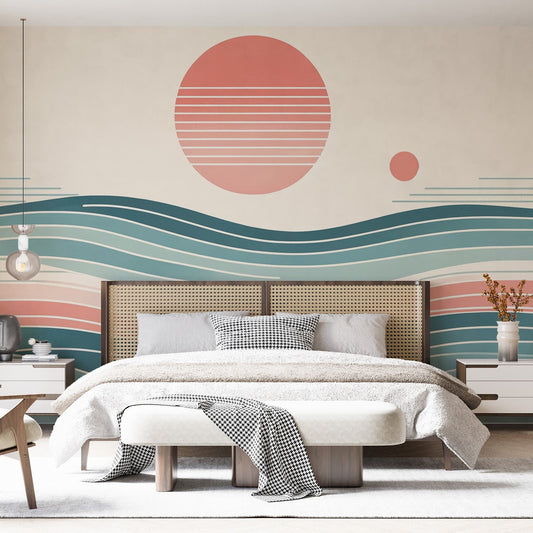 Japanese Zen Wallpaper | Red Sun and Blue-Toned Waves