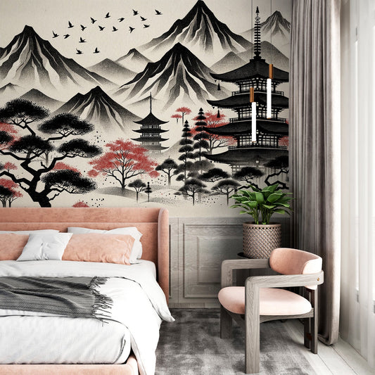 Japanese Zen Wallpaper | Temple, Birds and Mountains in Black and Red Tones