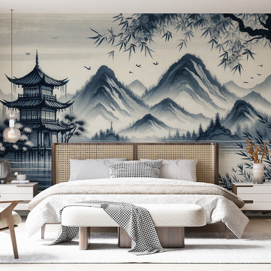 Japanese Zen Wallpaper | Japanese Temple in Watercolour Style Design