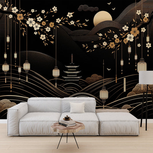 Japanese Zen Wallpaper | Japanese Wave and Black and Gold Temple