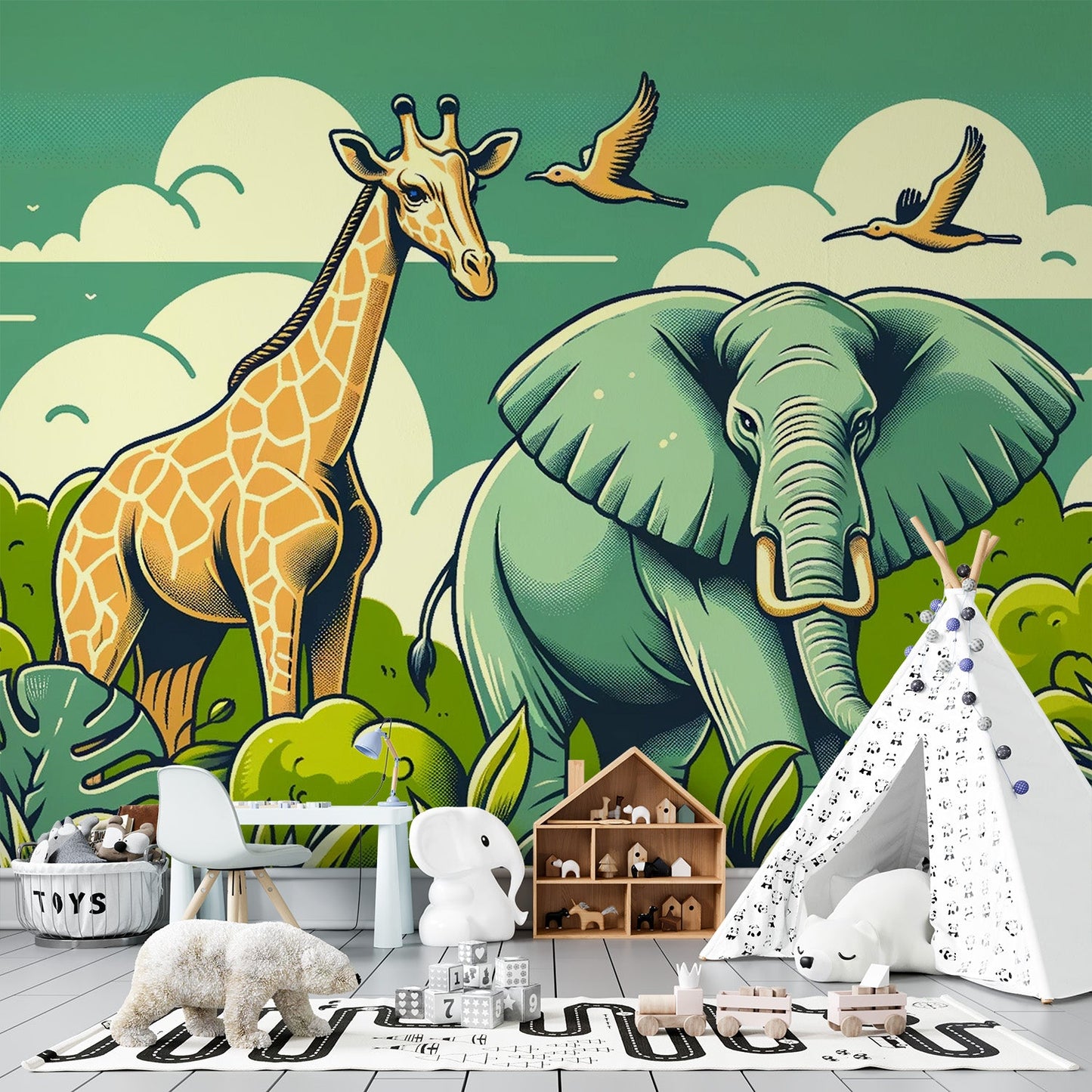 Jungle Wallpaper | Giraffe, Elephant, Clouds and Birds