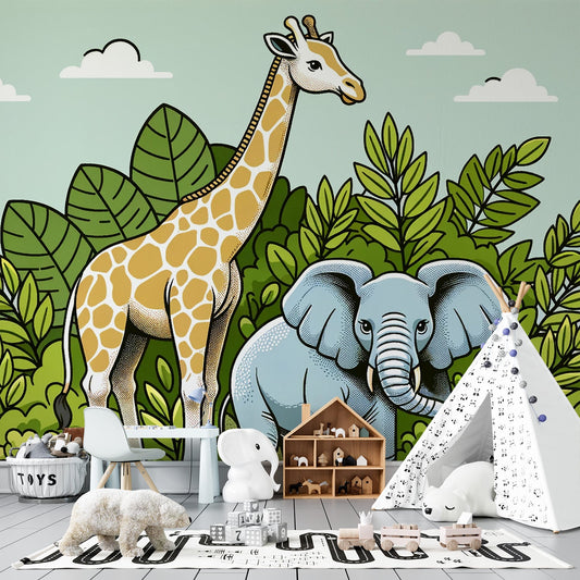 Baby Jungle Wallpaper | Elephant and Giraffe in the Foliage