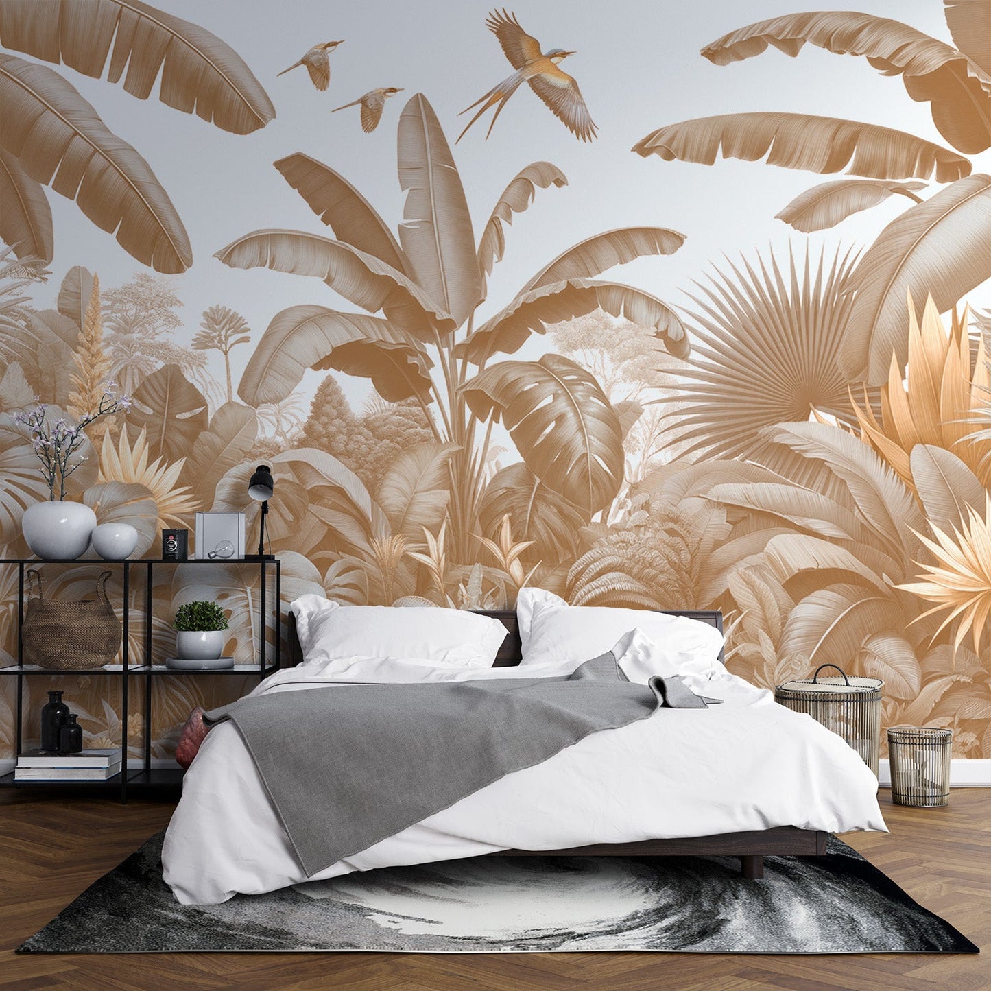 Beige jungle wallpaper | Beige banana trees and birds