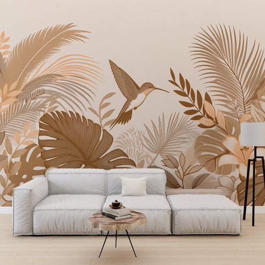 Beige jungle wallpaper | Vintage hummingbird and foliage