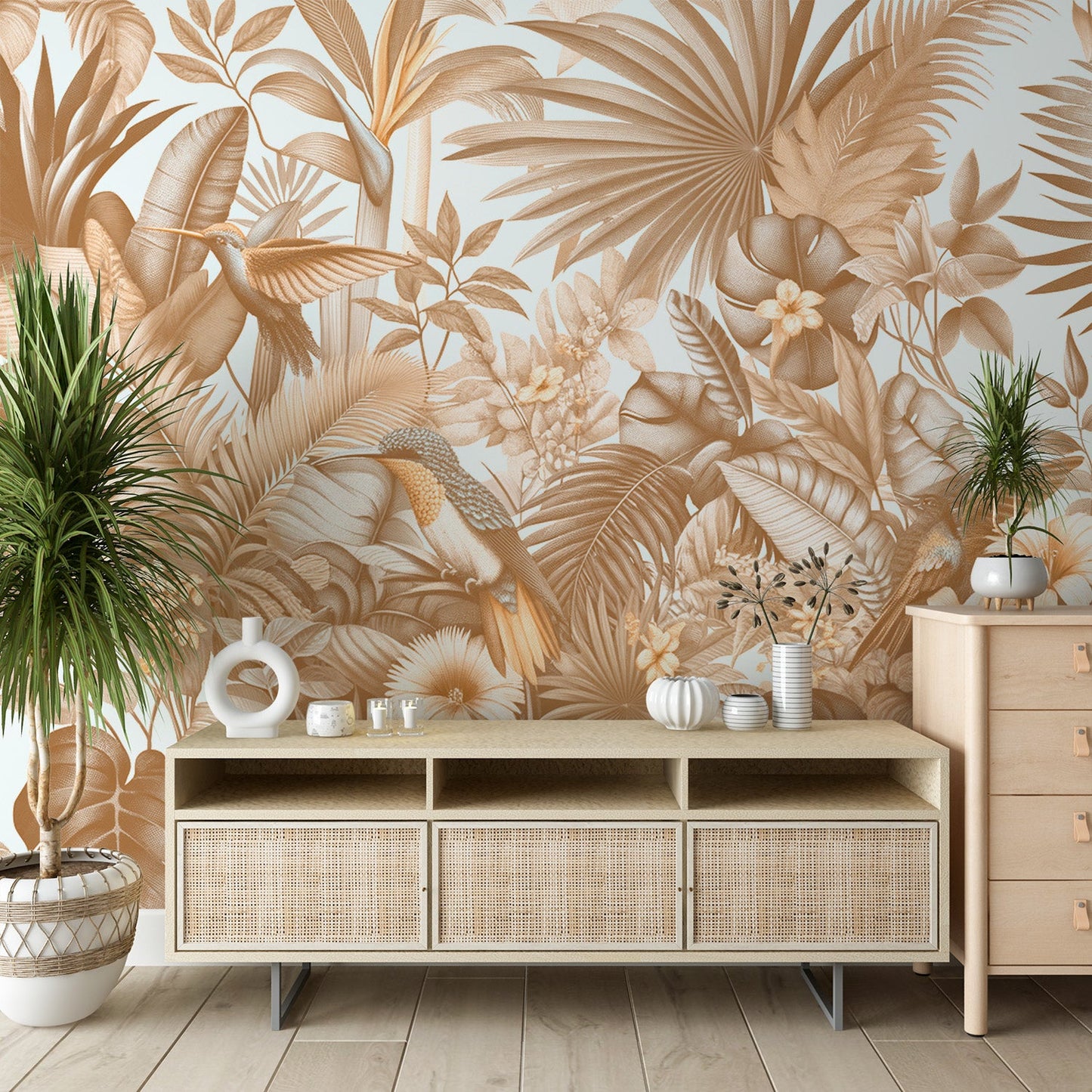 Beige jungle wallpaper | Large foliage and hummingbirds