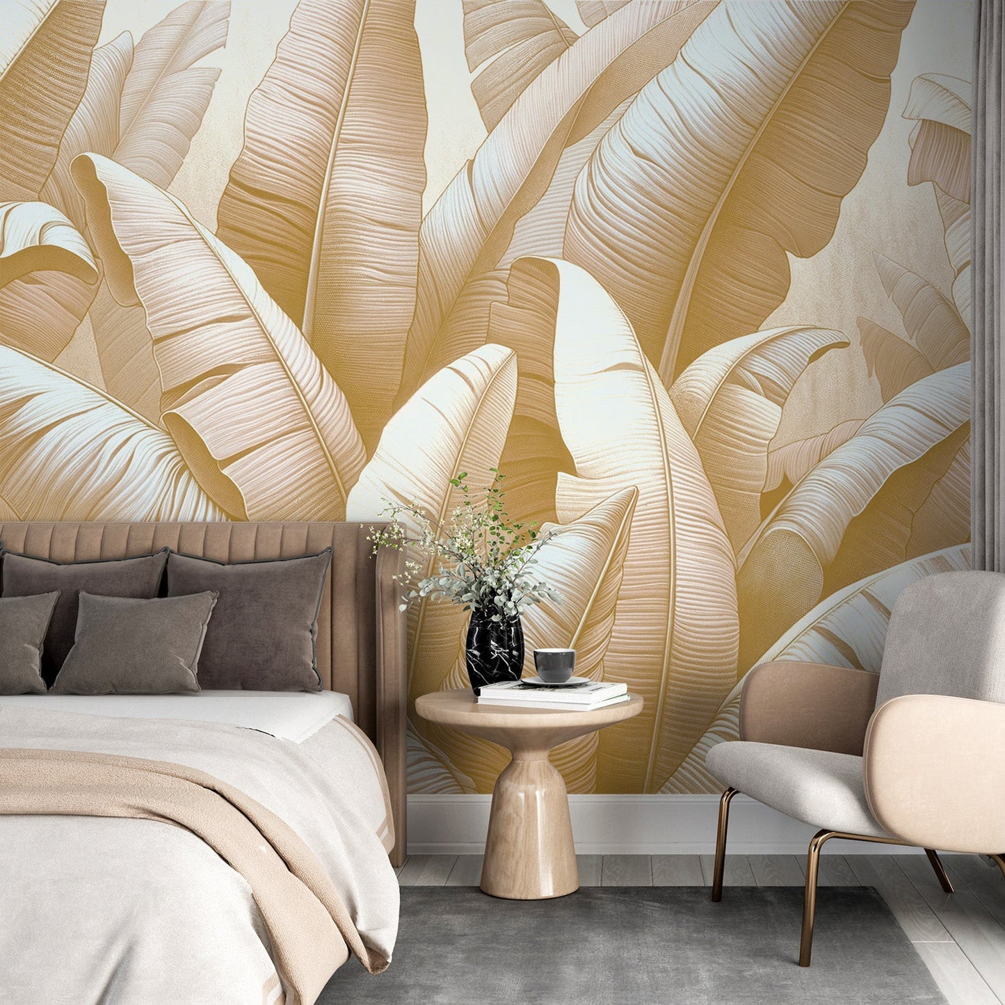 Beige jungle wallpaper | Beige banana leaves