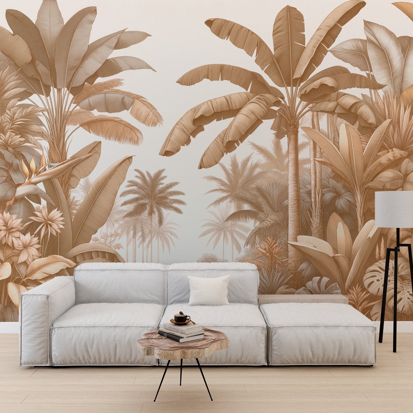 Beige jungle wallpaper | Palm trees and banana trees on white background