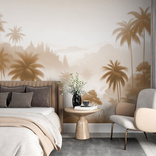 Beige jungle wallpaper | Beige palm valley and mist