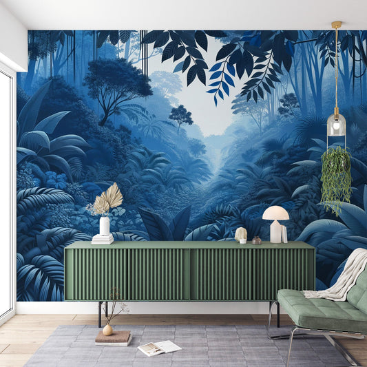 Blue jungle wallpaper | Large trees and foliage