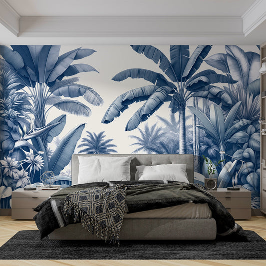 Duck egg blue jungle wallpaper | Palm trees and banana trees on white background