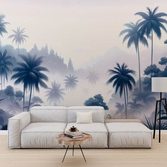 Duck Egg Blue Jungle Wallpaper | Blue Palm Valley and Mist