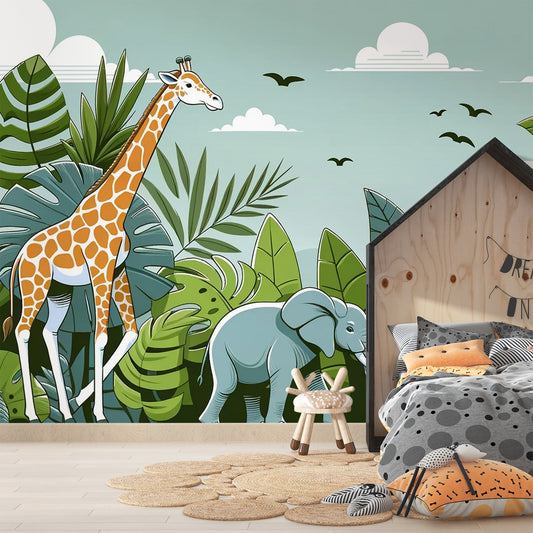 Children's jungle wallpaper | Foliage, giraffe and elephant