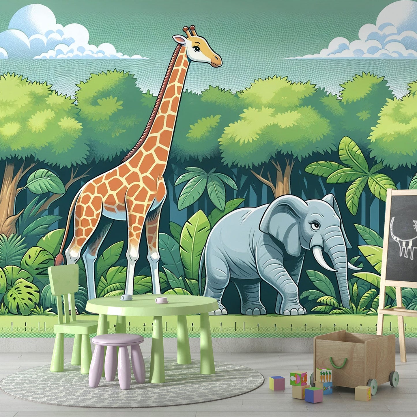 Children's Jungle Wallpaper | Giraffe and Elephant in Cartoon