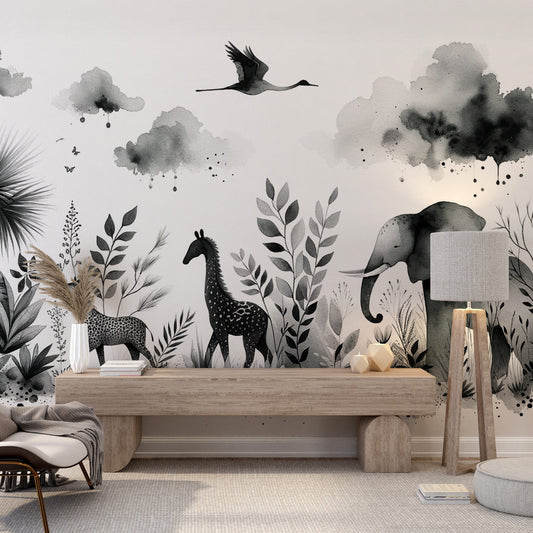 Black and white jungle wallpaper | Watercolour jungle animals