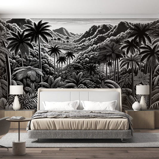 Black and white jungle wallpaper | Palm trees and foliage design