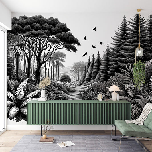 Black and white jungle wallpaper | Between jungle and pine forest