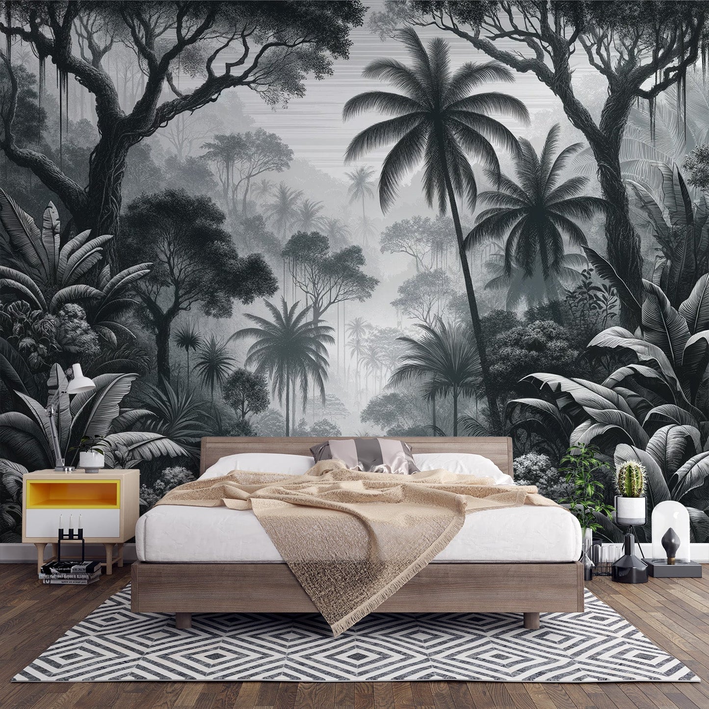 Black and white jungle wallpaper | Banana leaves and Palm trees