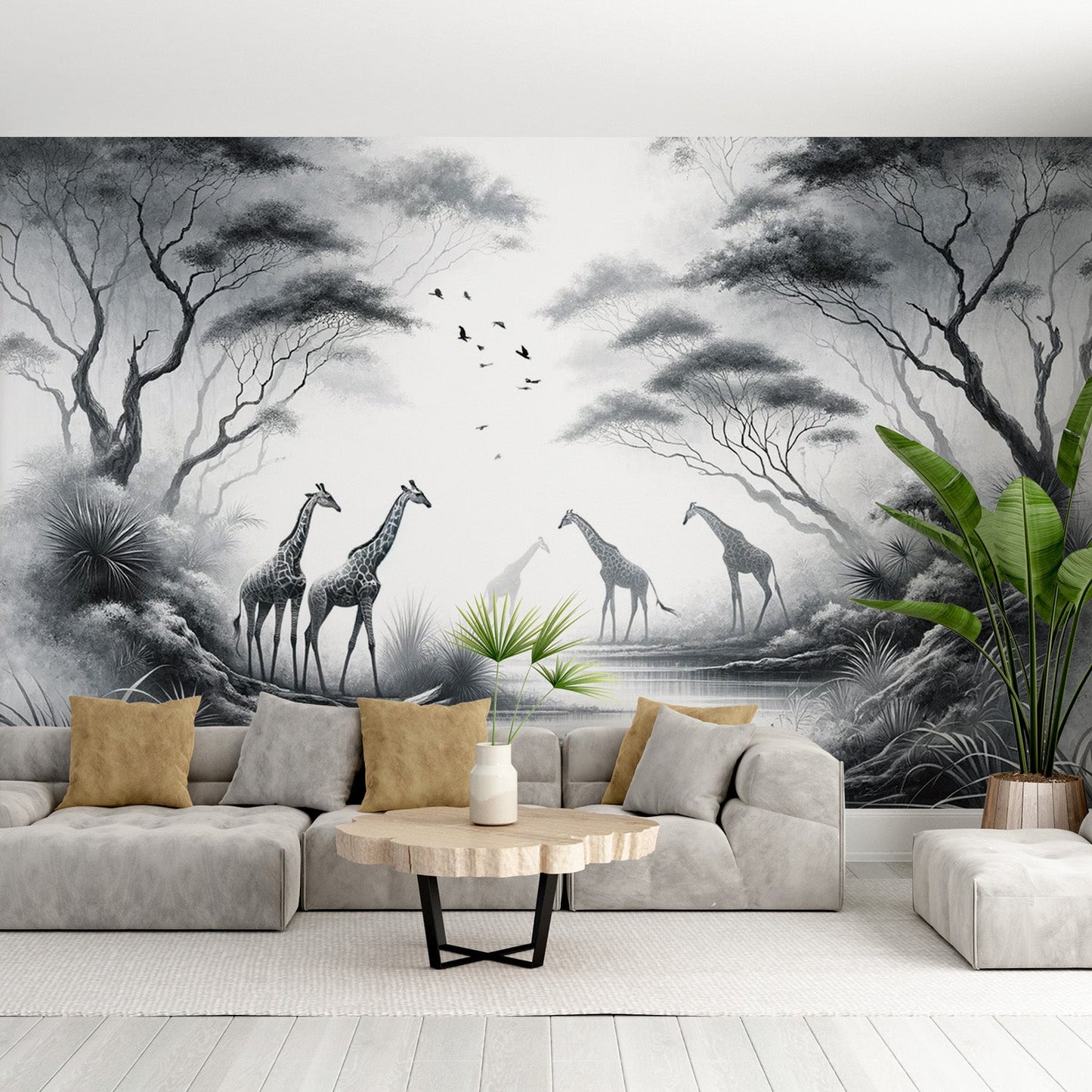 Black and white jungle wallpaper | Giraffes and river