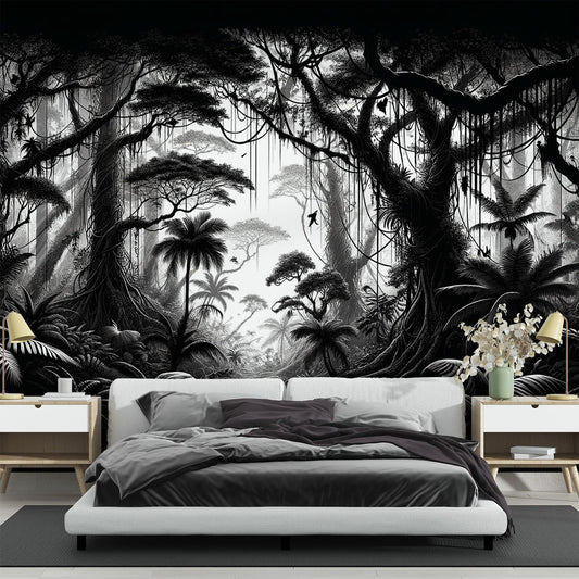 Black and white jungle wallpaper | Vines and Palm Trees