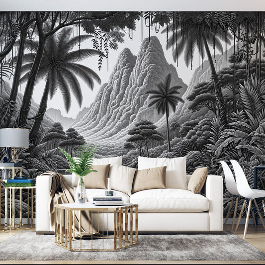 Black and white jungle wallpaper | Mountain and tranquil river