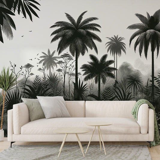 Black and white jungle wallpaper | Palms, foliage and birds
