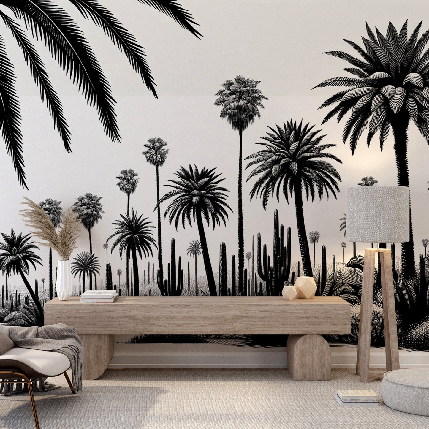 Black and white jungle wallpaper | Palms and cacti