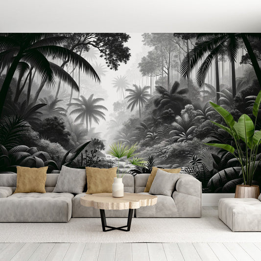 Black and white jungle wallpaper | Palm trees and river