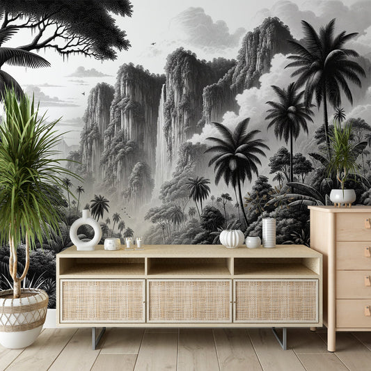 Black and white jungle wallpaper | Mountainous relief and river