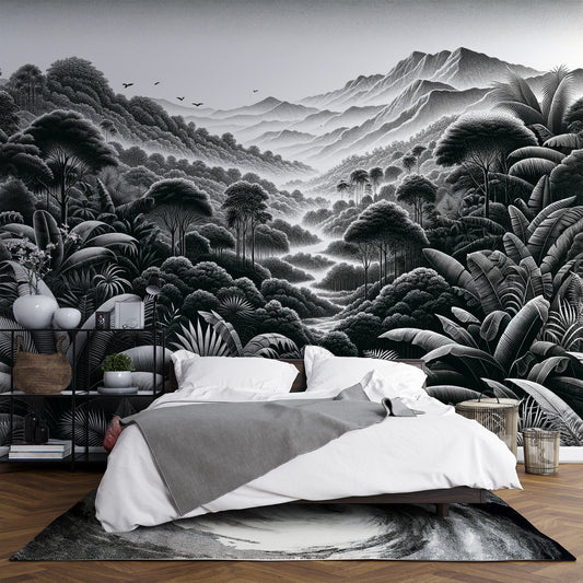 Black and white jungle wallpaper | Mountainous and botanical relief