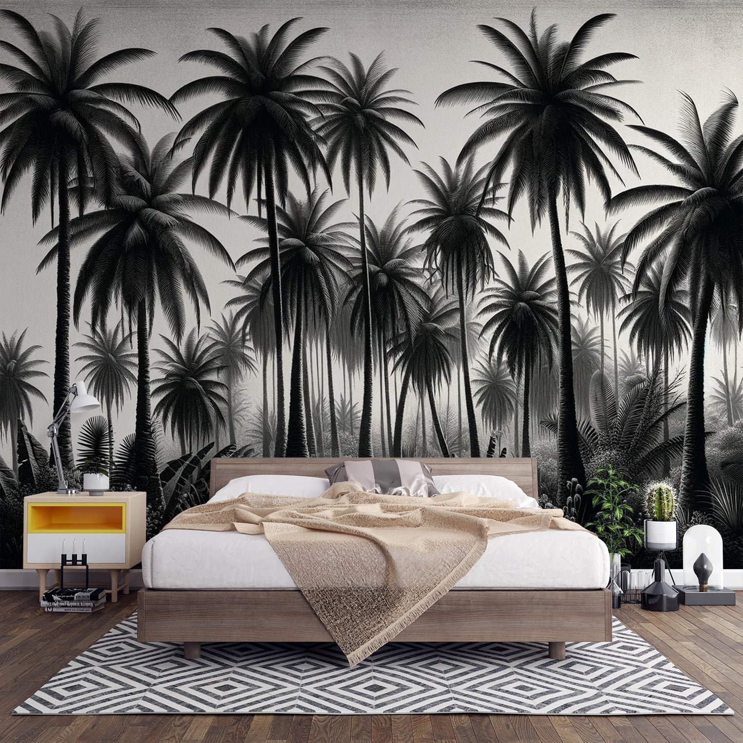 Black and white jungle wallpaper | Sand and palm trees