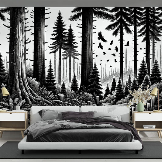 Black and white jungle wallpaper | Trees and birds